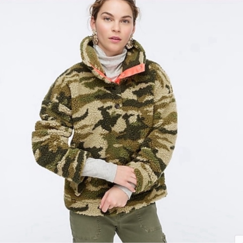 J Crew Camo Sherpa Snap Collar Fleece Pullover